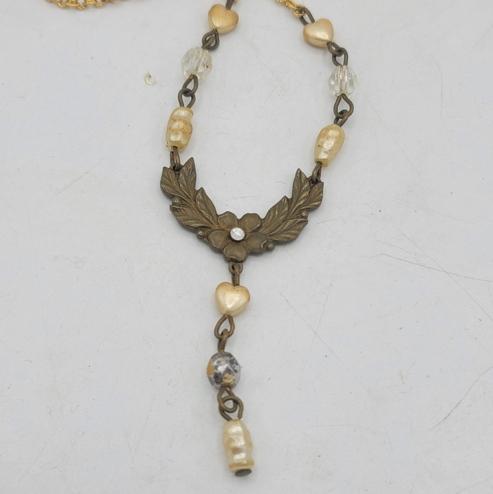 Vintage Y Necklace Brass Floral Heart Faux Pearl Crystal Drop 1990s